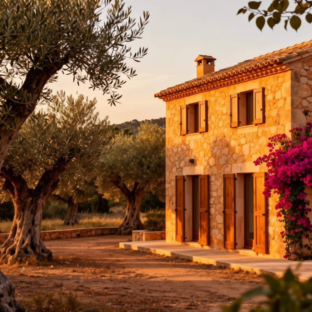 Traditional Mallorcan stone finca at golden hour with olive trees