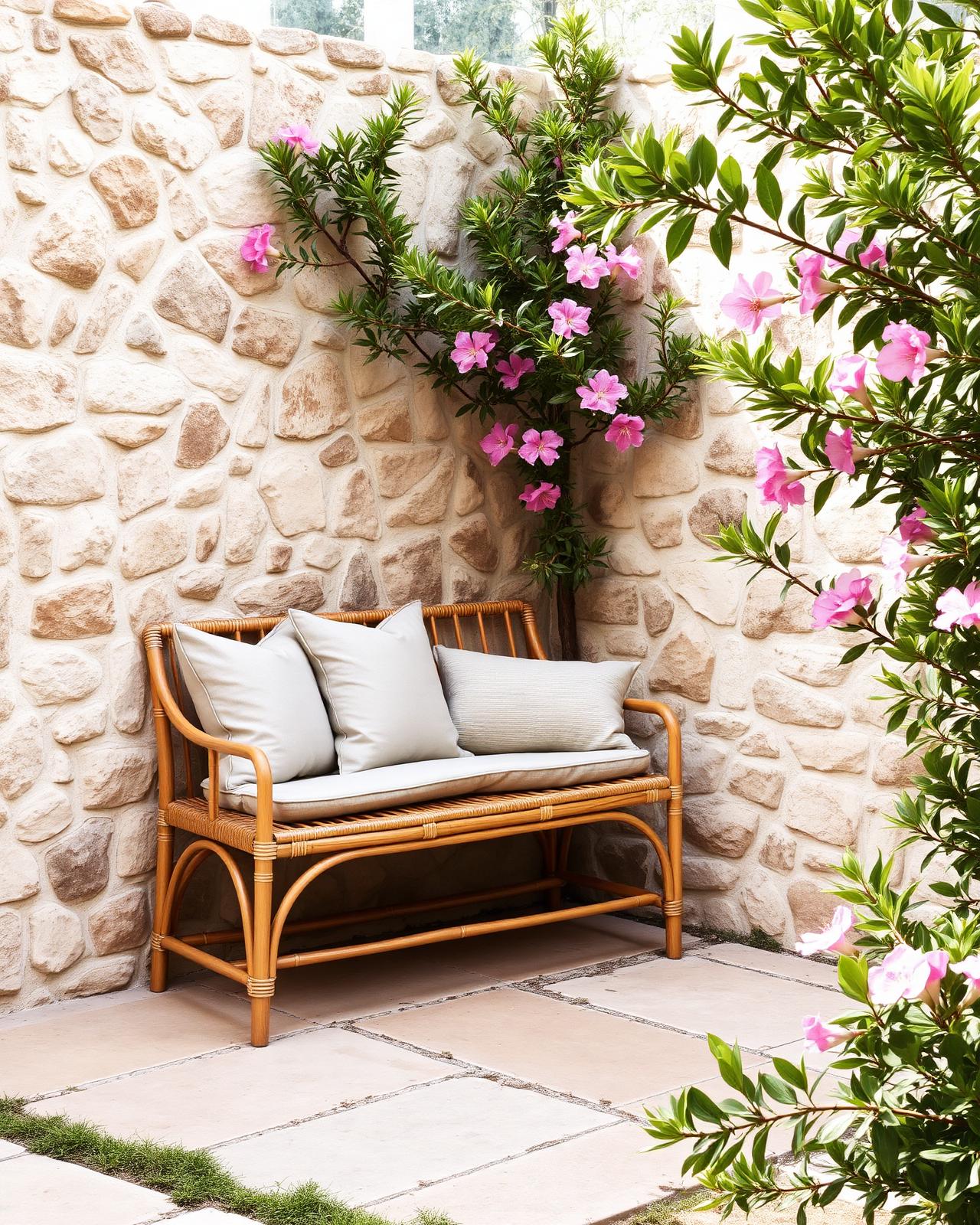 Mediterranean garden with stone wall and oleander