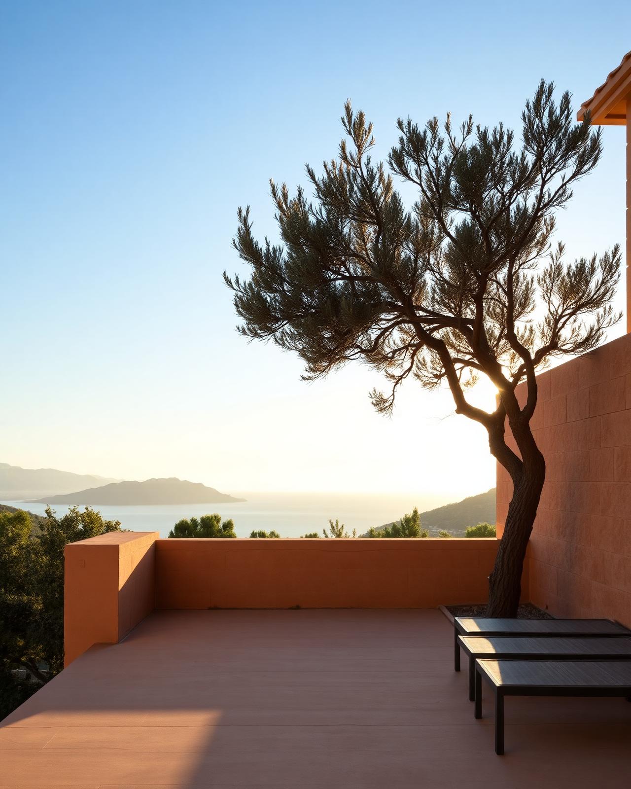 Mediterranean villa terrace in Mallorca at golden hour