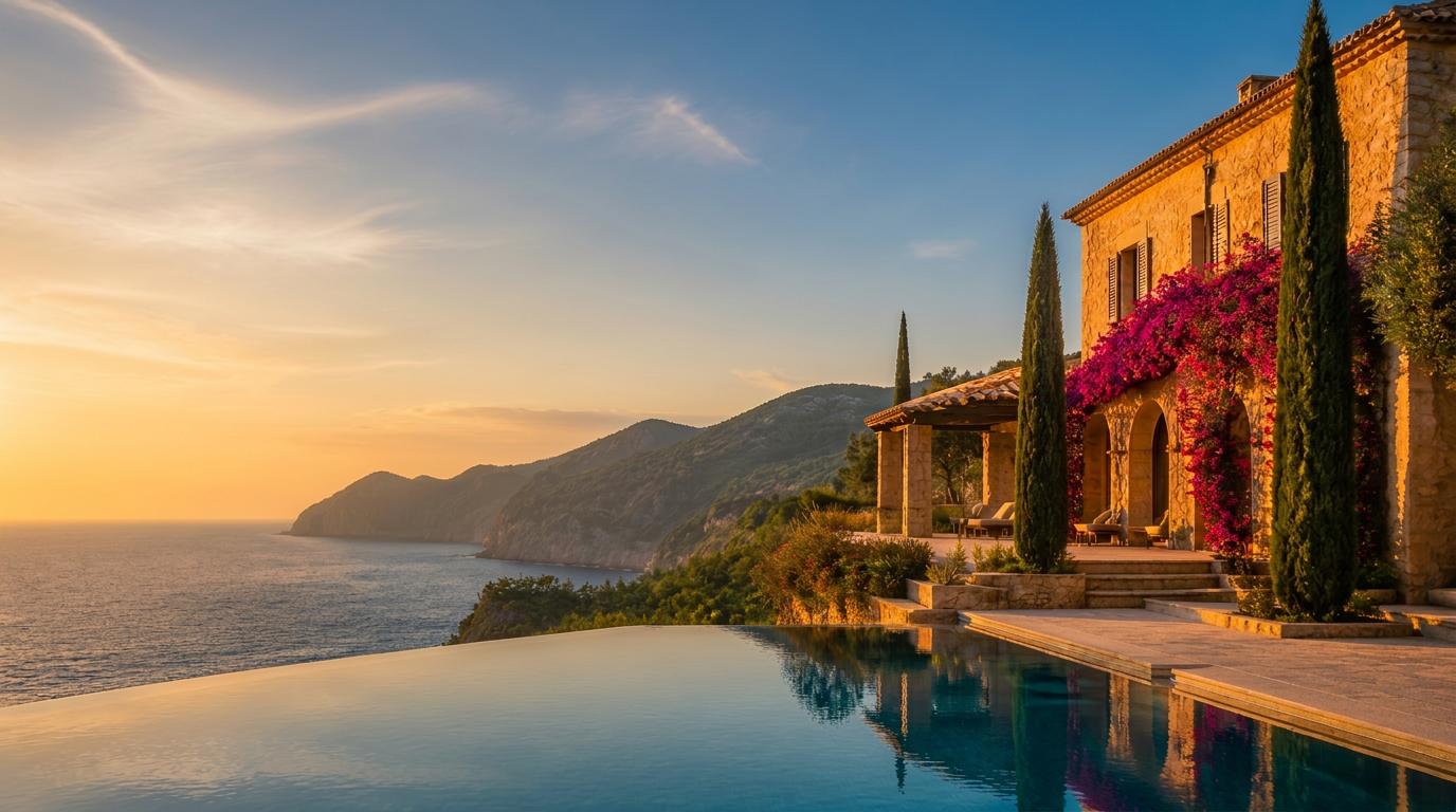 Luxury Mallorcan villa with infinity pool overlooking the Mediterranean at golden hour